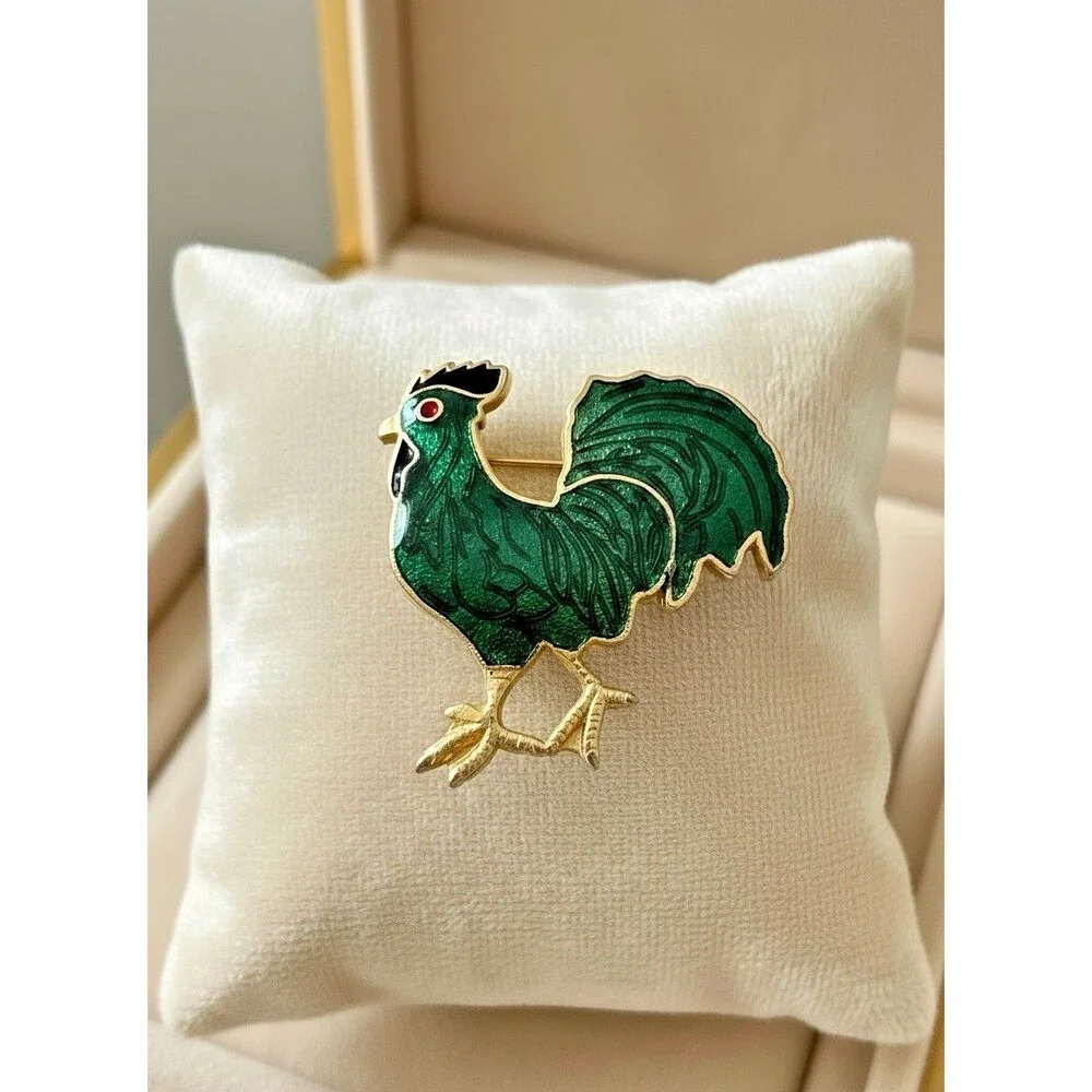 Vintage Green Enamel Rooster Brooch – 1.75 Inches